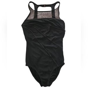 Black High Neck One-Piece Swimsuit with Mesh Detail
